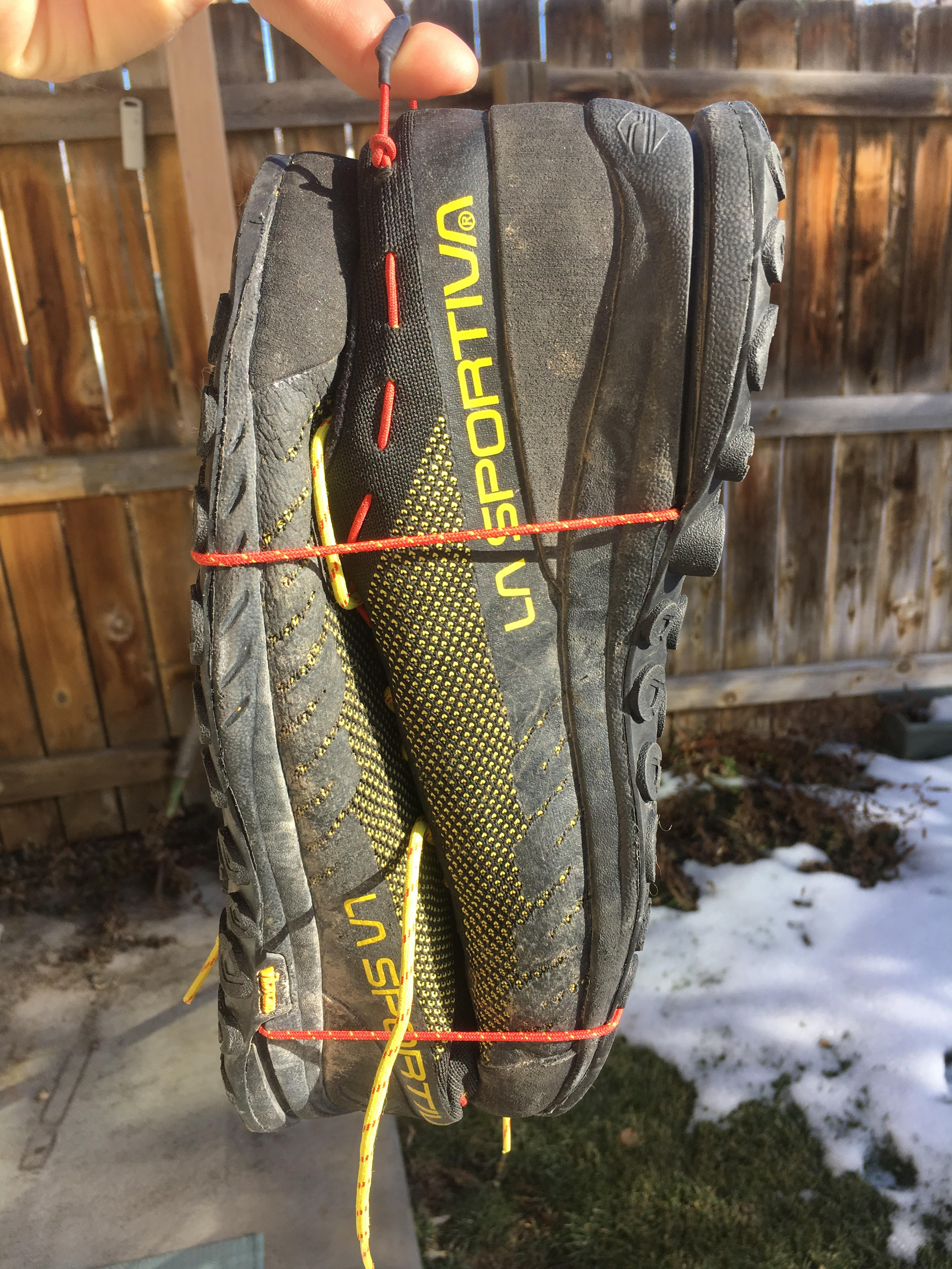The elastic C2 ComboCord around each heel allows the shoes to pack into a single compact unit, which is handy for clipping them to a harness. [Photo] Derek Franz