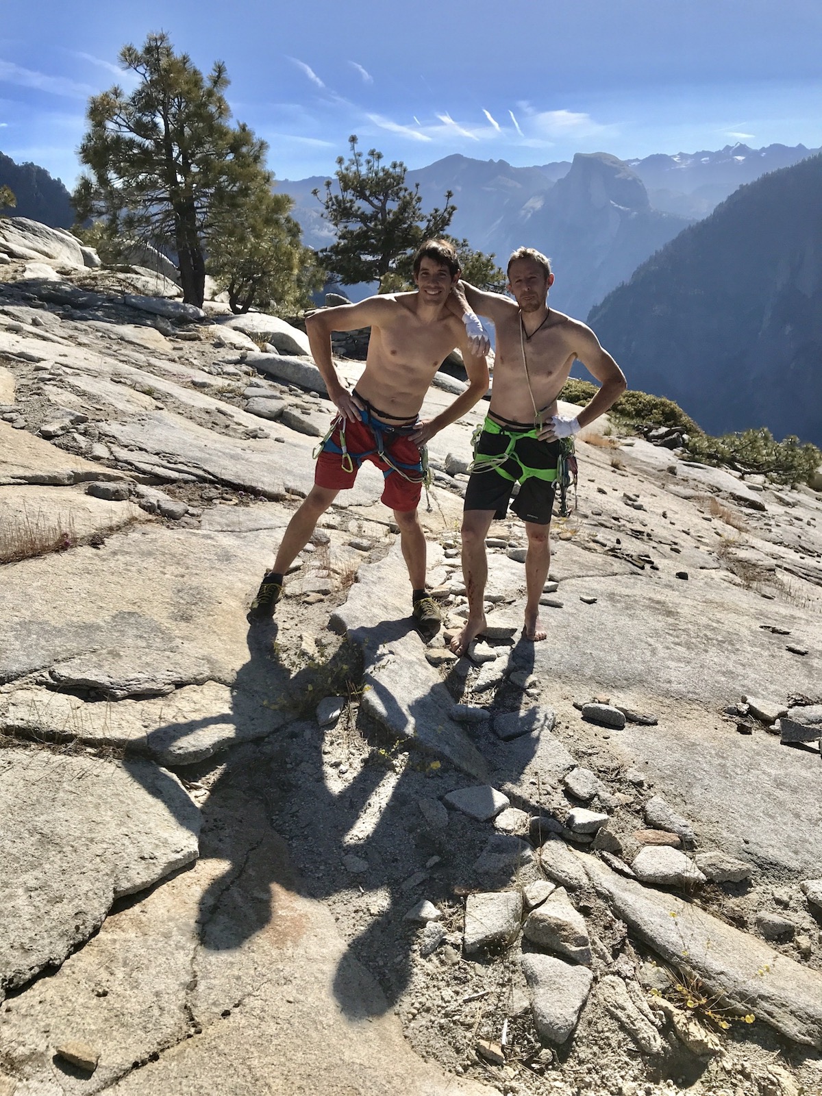 Alex Honnold and Tommy Caldwell on top of El Capitan after climbing the Nose in 1 hour, 58 minutes, 7 seconds, on June 6. [Photo] REEL ROCK Film Tour, Sam Crossley