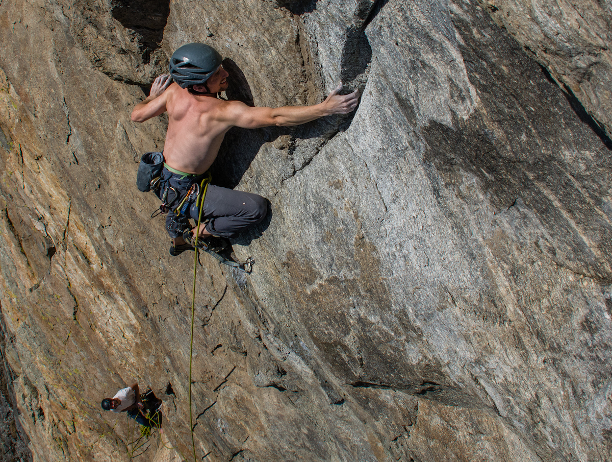 Cole Lawrence sends Pitch 6 (5.13a) on the first free ascent of Super Ultra Mega, an eight-pitch route on an unnamed buttress in Montana's Bitterroot Range. [Photo] Winter Ramos