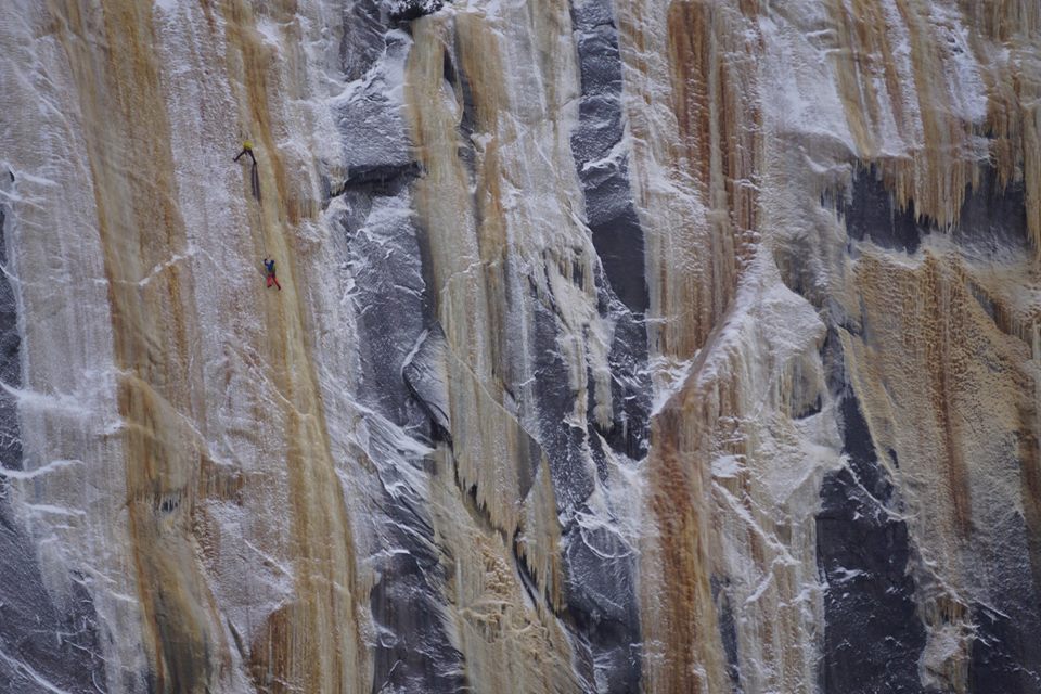 J.P. Belanger and Charles Roberge on La Fourchetter Sternal Droite (WI5, 160m). This route was first attempted by Quebec local Patrice Beaudet in 1999. A polar vortex ended his attempt. [Photo] Pete Takeda