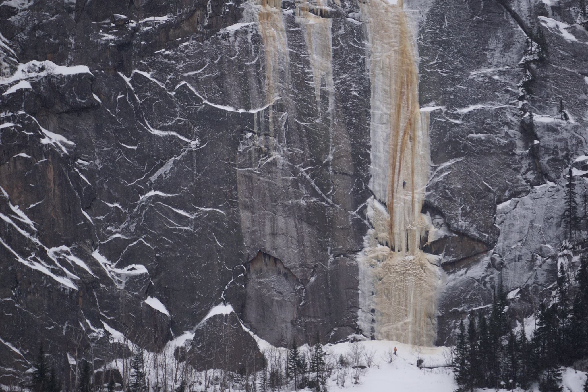 J.P. Belanger and Charles Roberge on M. Glacon (WI4/5, 150m). [Photo] Pete Takeda
