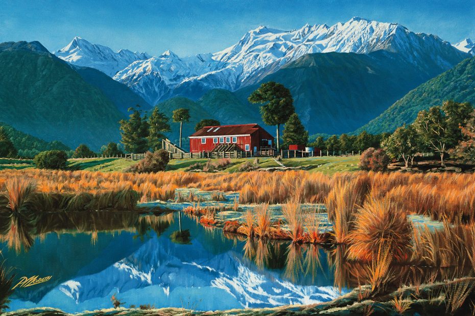 Painting of the view from Franz Joseph, Westland Tai Poutini National Park, New Zealand, with Mt. Elie de Beaumont (3109m), Mt. Green (2837m) and Mt. Walter (2905m). The author stared at this landscape for two years. It took him more than a decade to reach the peaks. [Photo] Peter Morath/Hedgehoghouse.com