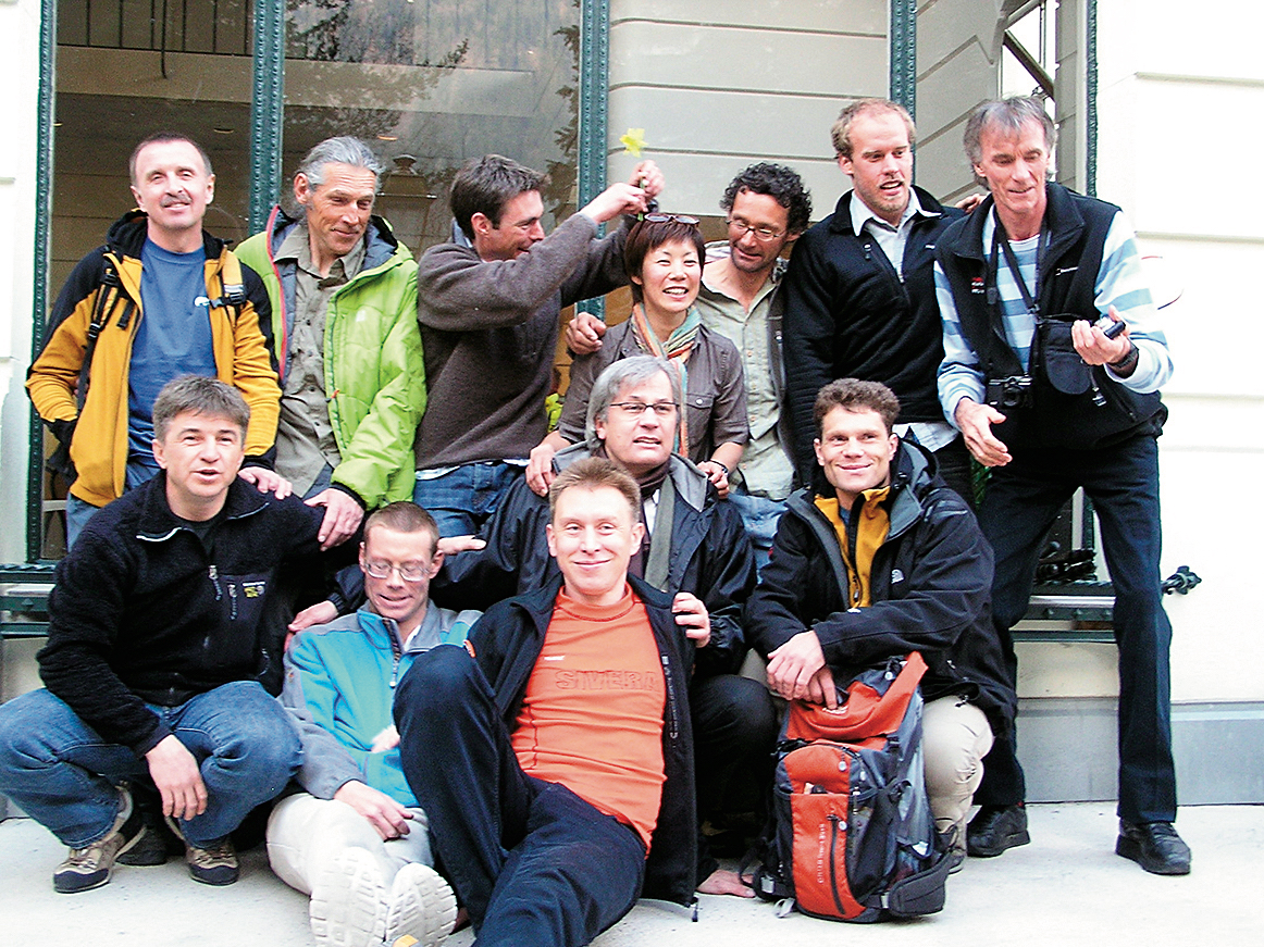 Climbers at le Majestic hotel, Chamonix, 2010. From left to right, top row: Gleb Sokolov, Jordi Corominas, Andy Houseman, Kei Taniguchi, Nick Bullock, Kyle Dempster, Lindsay Griffin. Front row: Alexander Ruchkin, Bruce Normand, Robert Schauer, Boris Dedesko, Vitaly Gorelik. [Photo] Luca Signorelli