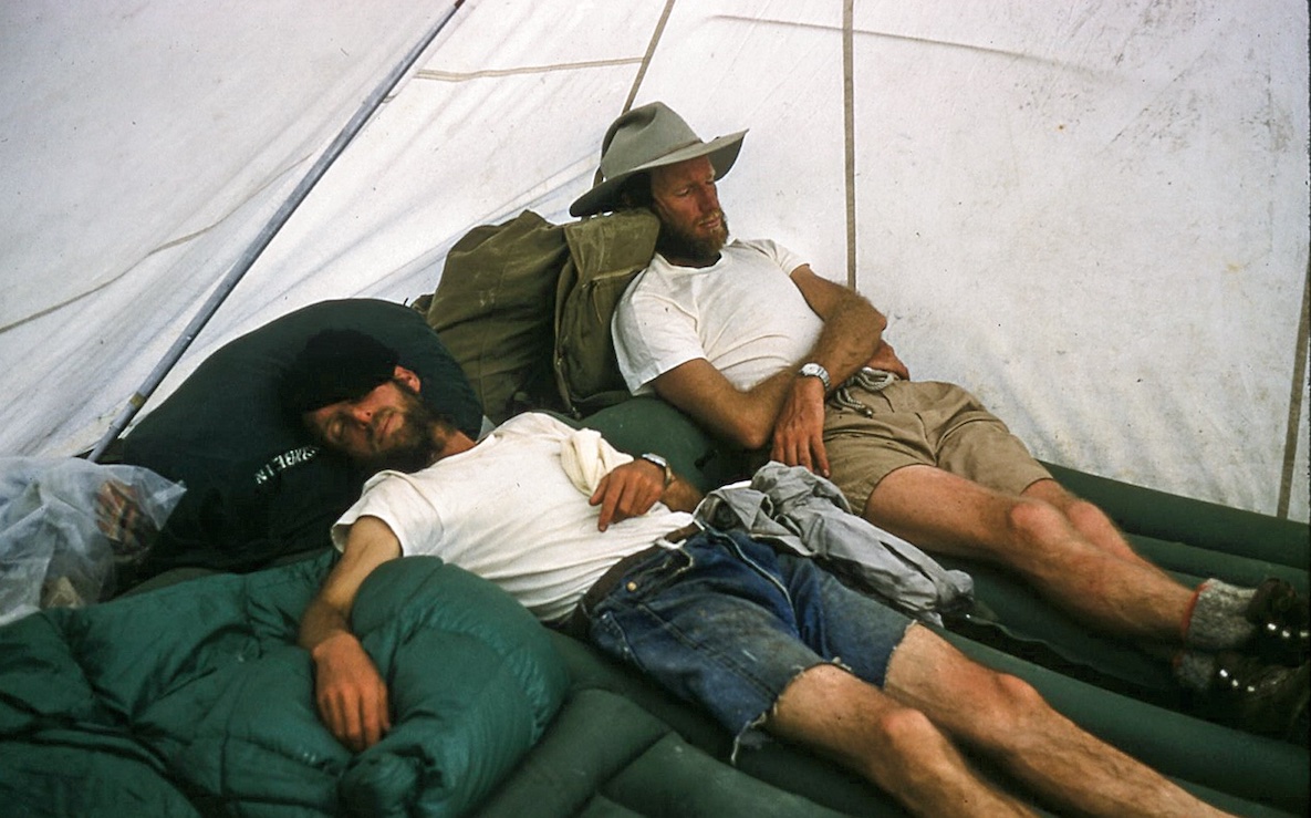 Hornbein and Unsoeld (with the hat) after the descent from Masherbrum (7821m) in Pakistan, in 1960. [Photo] Hornbein collection