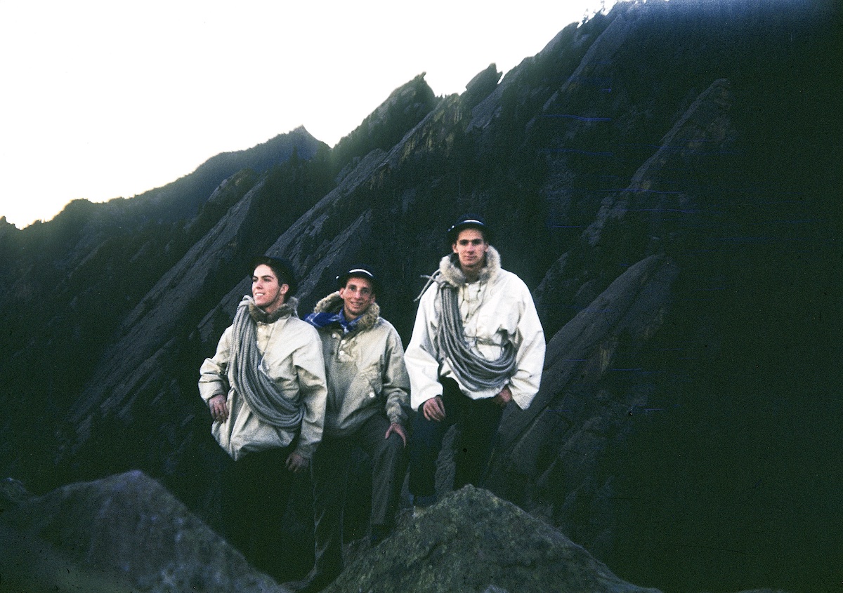 Atop the Matron, a rock pinnacle near Boulder, ca. 1950. From left to right: Bob Riley, Tom Hornbein, Dick Sherman. [Photo] Hornbein collection