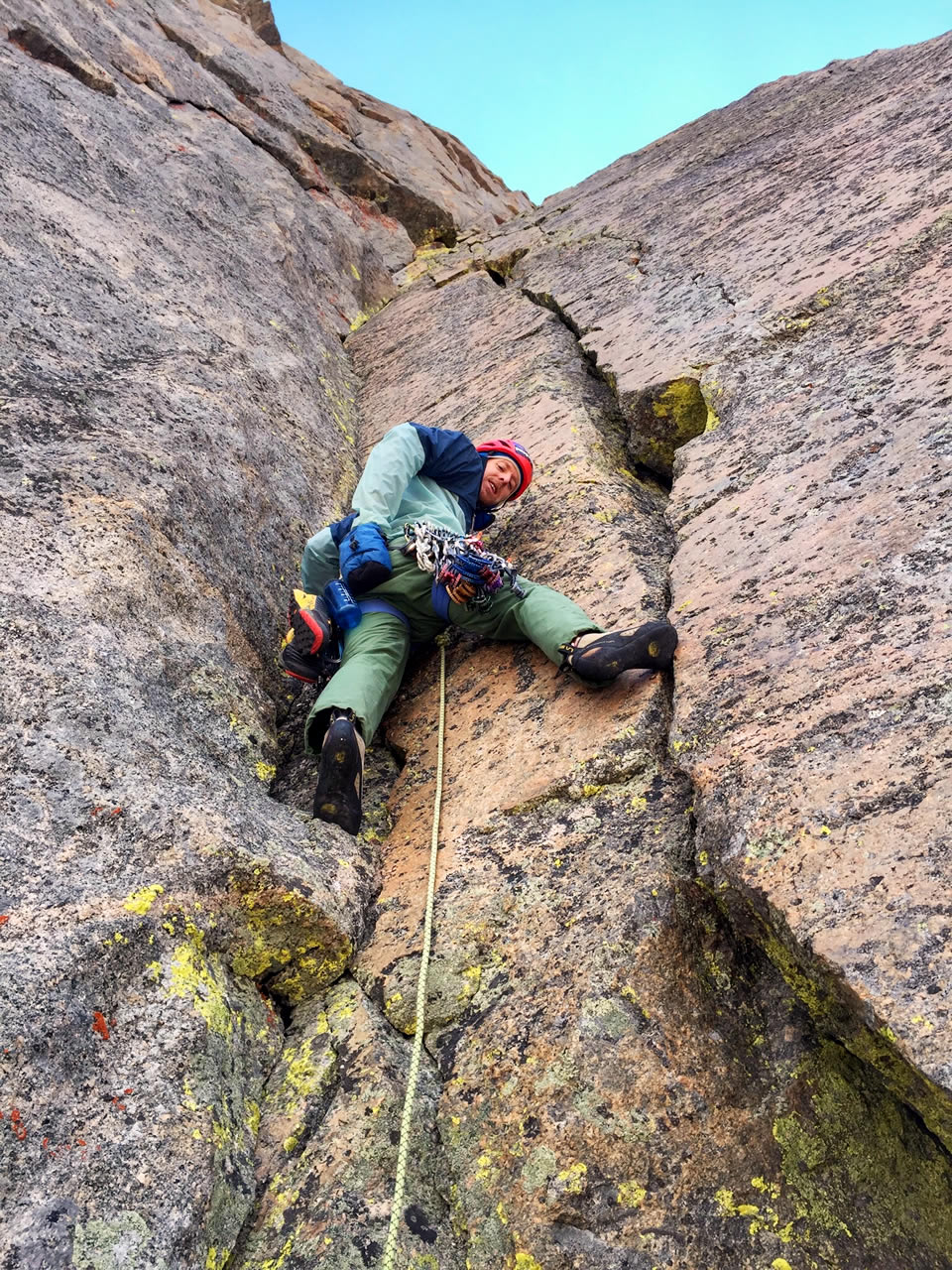 Caldwell mid-way up Jaded Lady (VI 5.12a). [Photo] Adam Stack