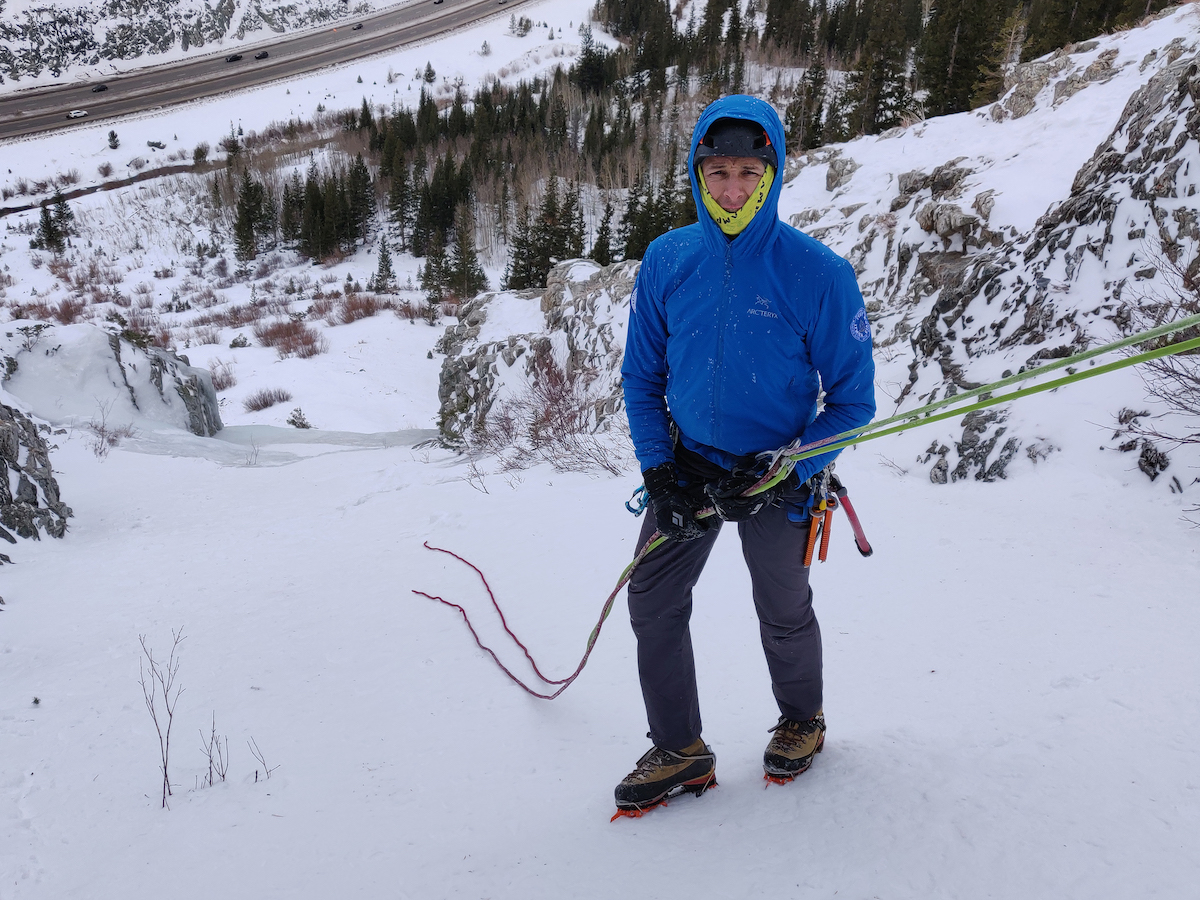 The Red Flag markers alert the author that he is getting near the ends of the rope as he rappels down Three Tiers, an ice route near Copper Mountain, Colorado. [Photo] Yaroslav Lototskyy
