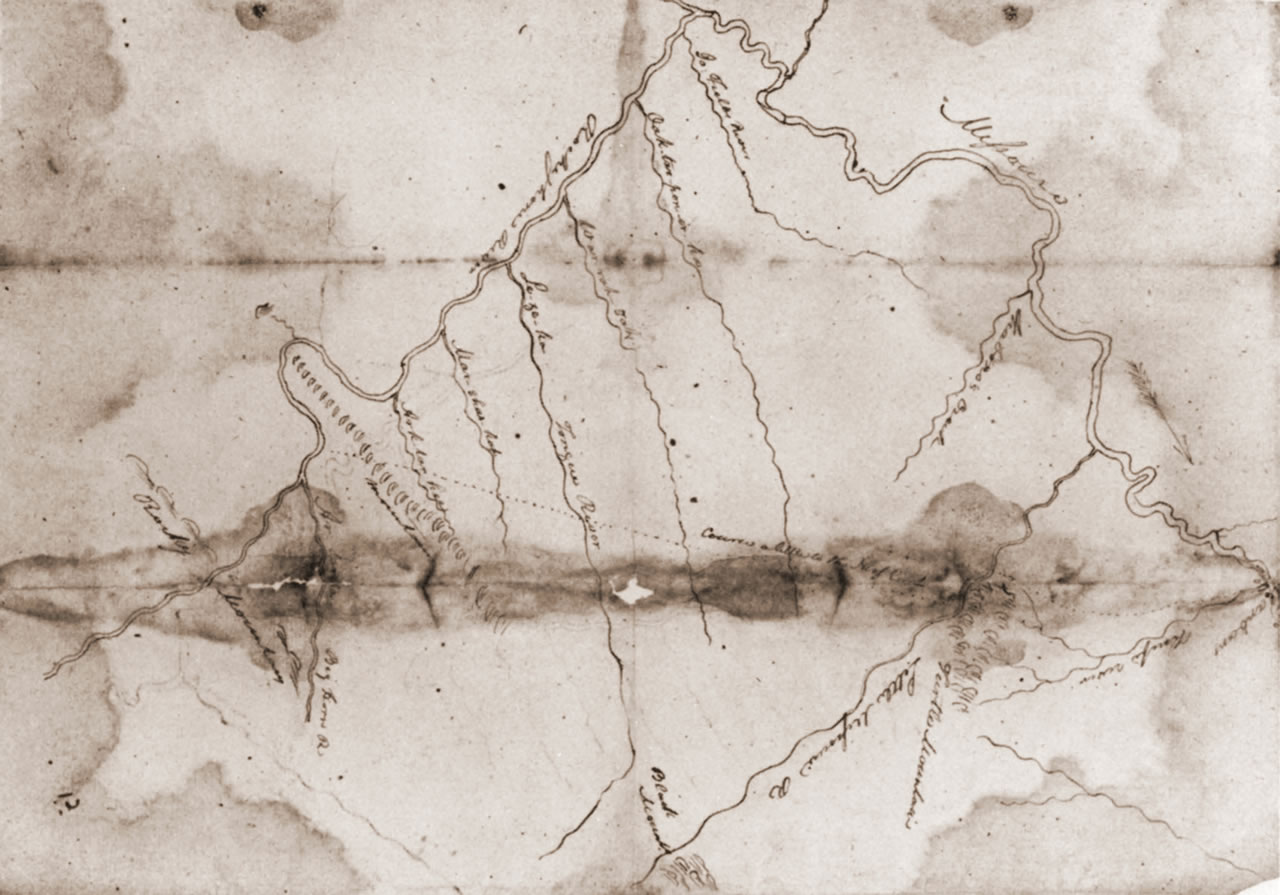 An 1805 map of the Yellowstone River, which historian James P. Ronda writes, was based off drawings or information from the Mandan chief Sheheke and copied by William Clark, who noted that it led "as far as the high mountains." [Photo] Beinecke Library, Yale University
