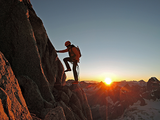 Steck on Arete de Diable, while traversing the Aiguilles du Diable, a group of five rock needles on Mont Blanc du Tacul that were part of his 62-day enchainment of all 82 4000-meter summits in the Alps. [Photo] Courtesy Ueli Steck