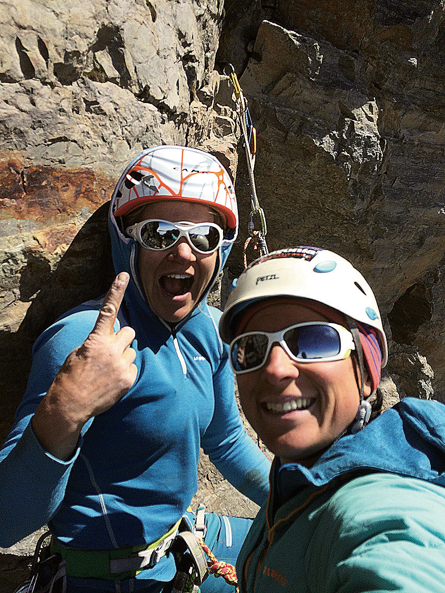Juliana Garcia and Pfaff on Tiquimani (5519m), Cordillera Real, Bolivia, 2016. On the third recorded ascent of the peak in 1963, climbers were surprised to find a large wooden cross, on the west summit, according to the 1985 American Alpine Journal. Apparently, Fritz and Kuehm [the first ascensionists] left these behind in 1940; or perhaps unknown climbers who came after [them] were responsible for the artifacts. [Photo] Juliana Garcia