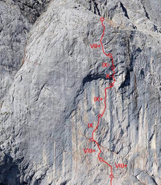 The ten-pitch Wetterbockwand (5.14b, 350m). [Photo] Fabian Buhl