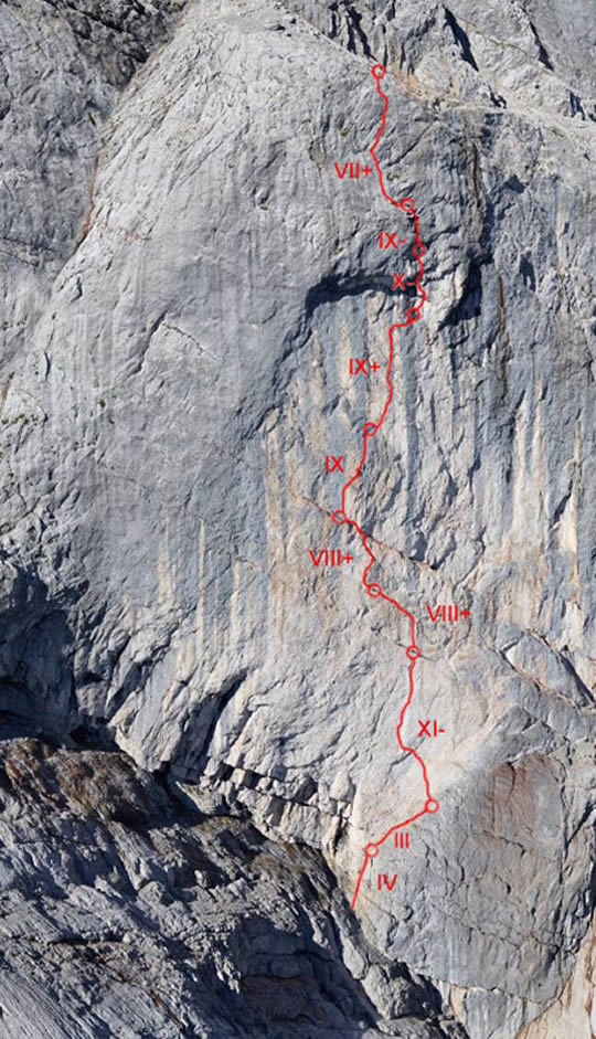 The ten-pitch Wetterbockwand (5.14b, 350m). [Photo] Fabian Buhl