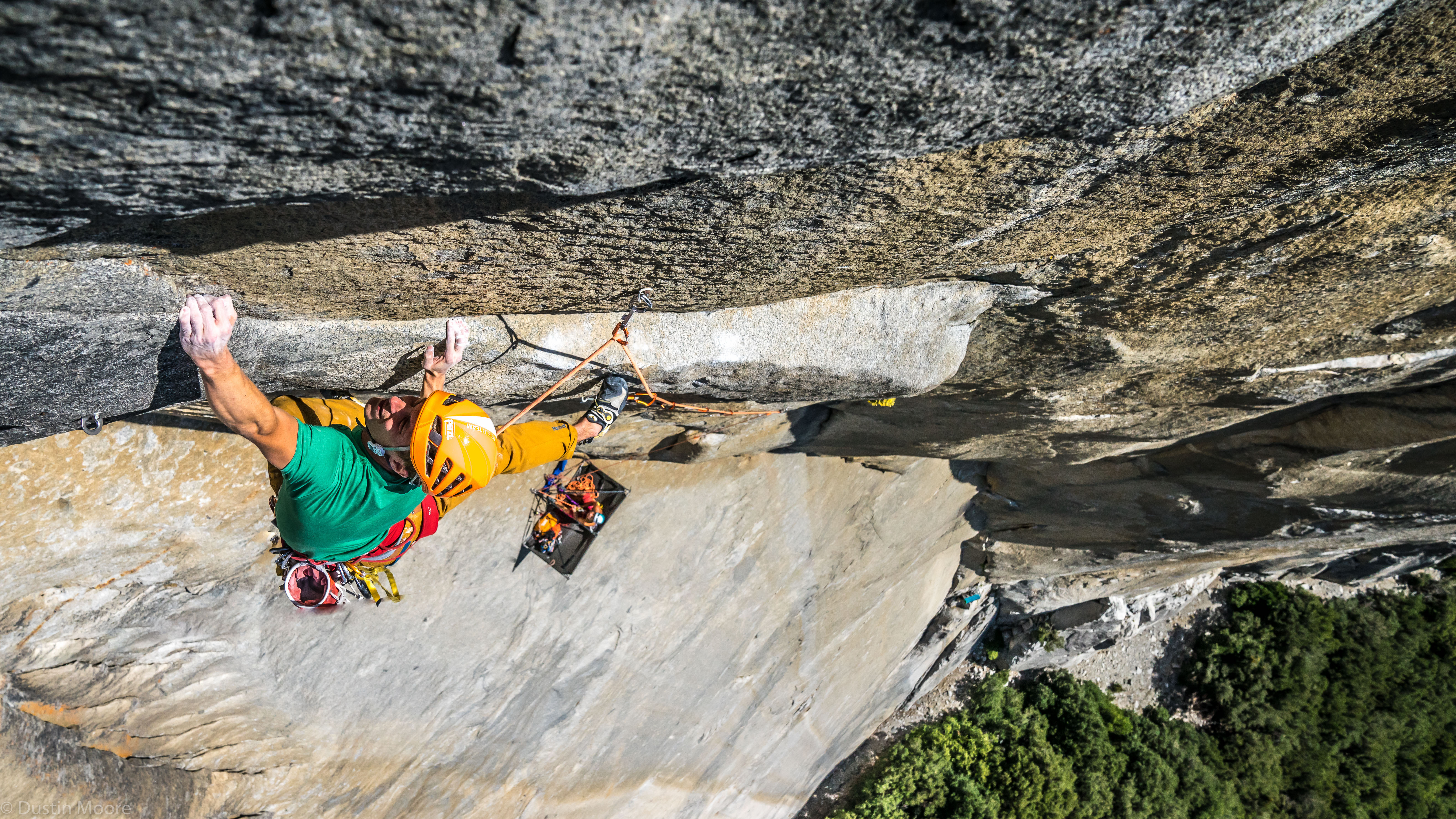 Jorg Verhoeven leads Pitch 6 (5.14a) for the first time while working his way up El Capitan's Dihedral Wall (VI 5.14a). Verhoeven spent another two weeks working this and other hard pitches, then started a ground-up push and ultimately sent, completing the second free ascent of the route, first done by Tommy Caldwell in 2004. [Photo] Dustin Moore https://www.instagram.com/dustin.007/