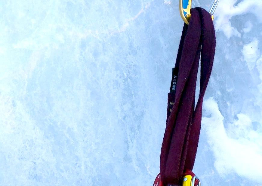 The Grivel Lambda HMS Twin Gate proved burly and reliable for clipping crucial pieces of gear, such as this high first screw on a particularly thin Coors Lite (WI2-3, 300') in Clear Creek Canyon, Colorado. [Photo] Alexander Kenan