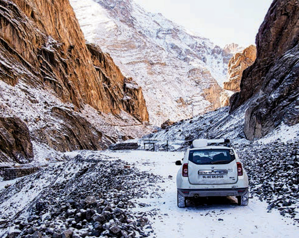 The author's car at a gorge a few kilometers north of Kaza. In Spiti: Adventures in the Trans-Himalaya, Harish Kapadia notes, The road to Spiti was once considered the most troublesome journey in the Himalaya.... Now it is possible to reach Spiti in a taxi, or in your own vehicle or in a comfortable bus. [Photo] Karn Kowshik