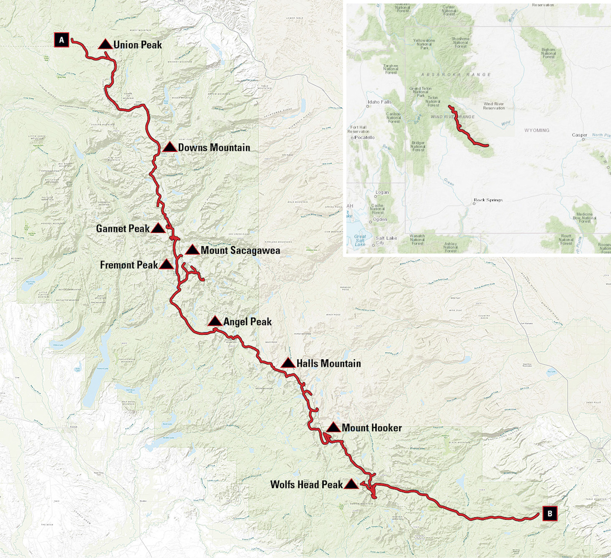Yi and Anderson's route between Union Pass and the Popo Agie Falls trailhead.