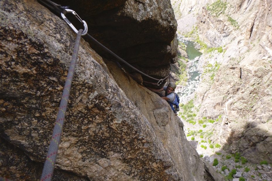 Mandi Franz follows the Vector Traverse on Escape Artist (III 5.10-, 7 pitches) in the Black Canyon of the Gunnison, Colorado. [Photo] Derek Franz