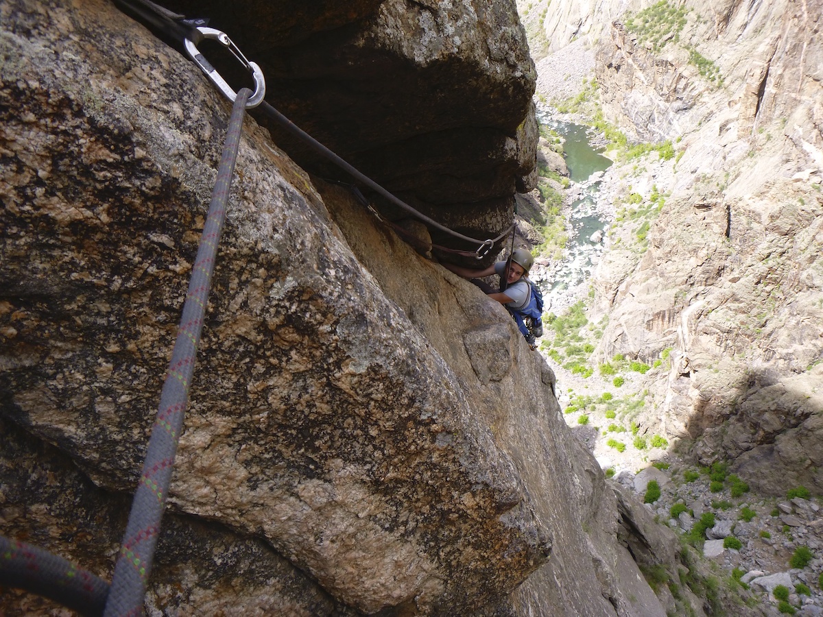 Mandi Franz follows the Vector Traverse on Escape Artist (III 5.10-, 7 pitches) in the Black Canyon of the Gunnison, Colorado. [Photo] Derek Franz
