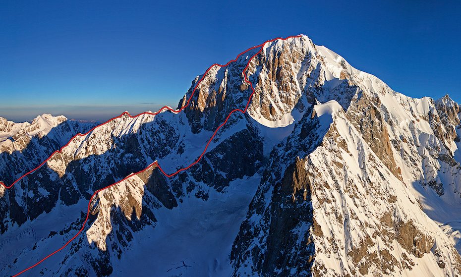 The Italian face of Mont Blanc, showing, from left to right, Brouillard Ridge Integral (Cosson-Henry-Salluard-Zappelli, 1973); the Innominata Integral (Gugliermina-Gugliermina-Proment-Ravelli, 1921). [Photo] Mario Colonel