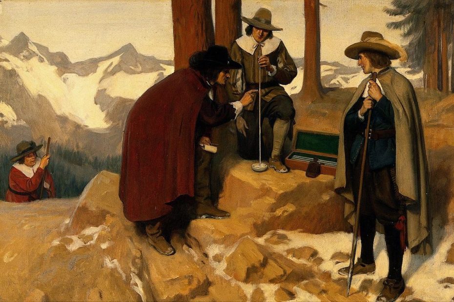 Evangelista Torricelli experimenting in the Alps with a barometer, 1643. [Illustration] Ernest Board, Wikimedia