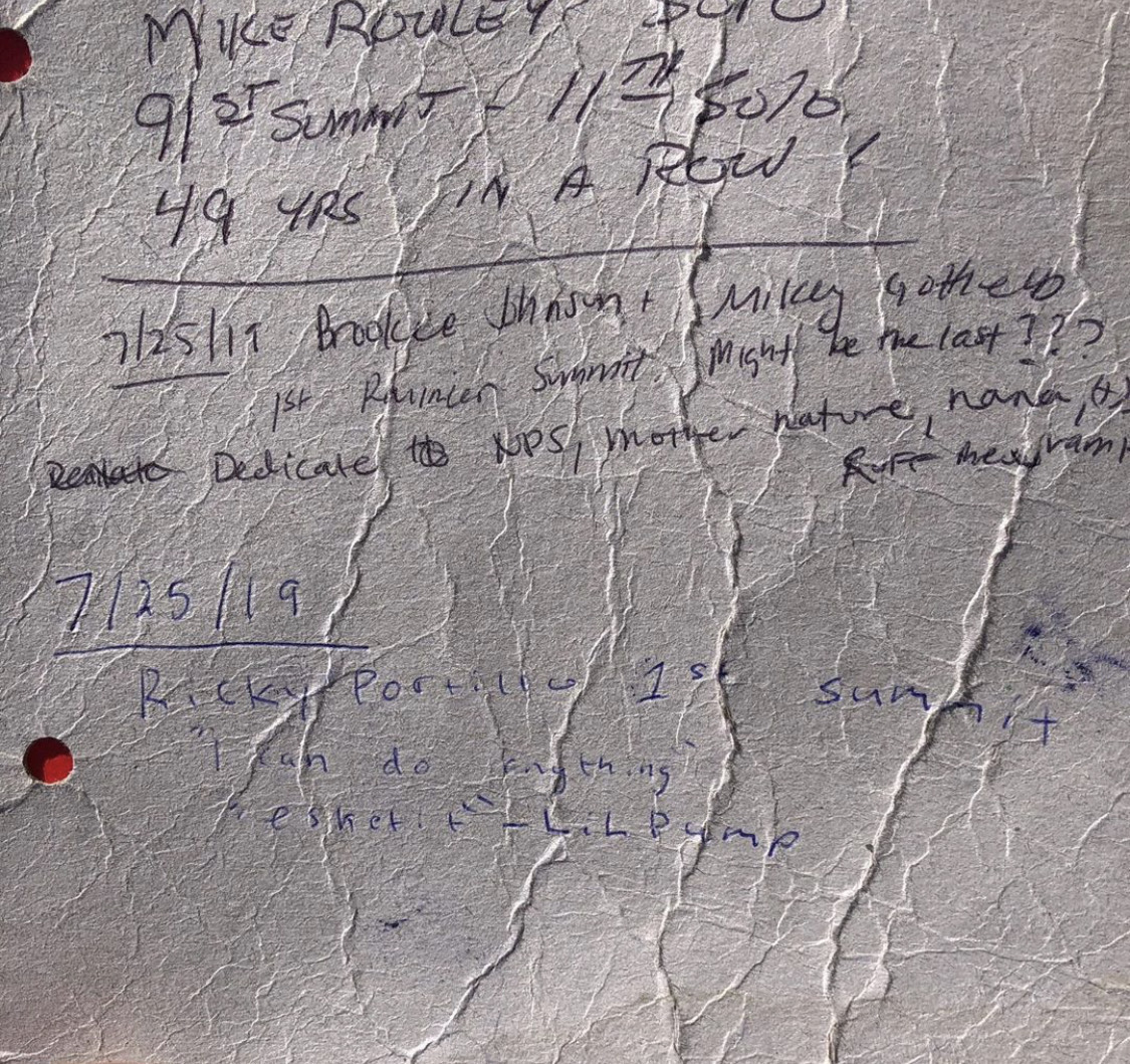 Ricky Portillo's signature in the summit register.