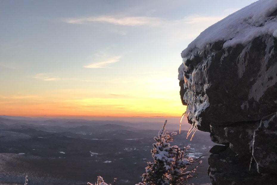 Sunset from the flanks of Mozodepowadso (Abenaki name for Mt. Mansfield), Green Mountains (Askaskwiwajoak), Vermont, Abenaki territory. [Photo] Katie Ives