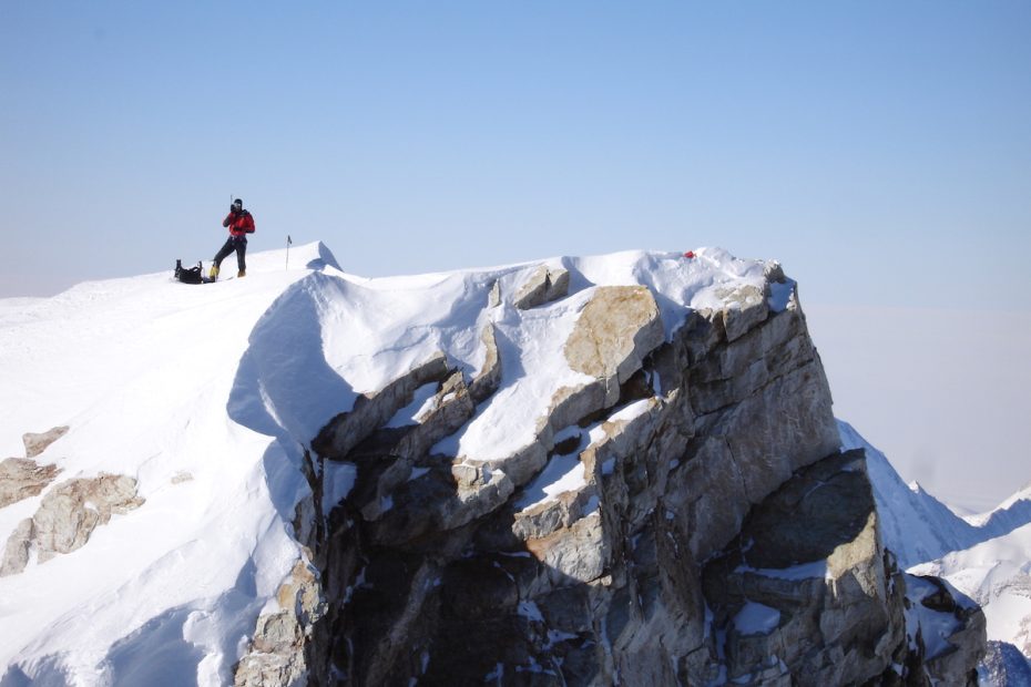 A mountaineering chronicler and an occasional critic of the overuse of communications technology, Damien Gildea describes this photo of himself in the Sentinel Range of Antarctica. [Photo] Stephen Chaplin