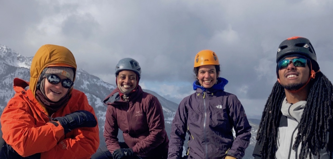 From left to right: Rosemary Saal, Abby Dione, Adina Scott and Manoah Ainuu, Hyalite Canyon, Montana, Apsaalooke, Tsitsistas and Suhtaio, Niitsitapi and Confederated Salish and Kootenai ancestral lands.[Photo] Phil Henderson