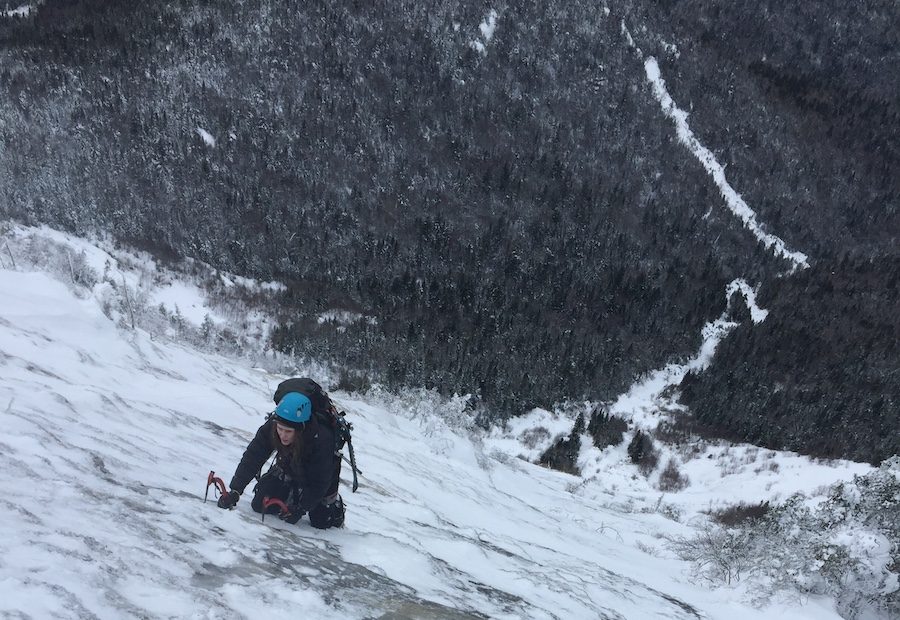 Katie Ives, on the North Face (the common name for the northwest face) of Gothics, Adirondacks. [Photo] Kevin B. MacKenzie