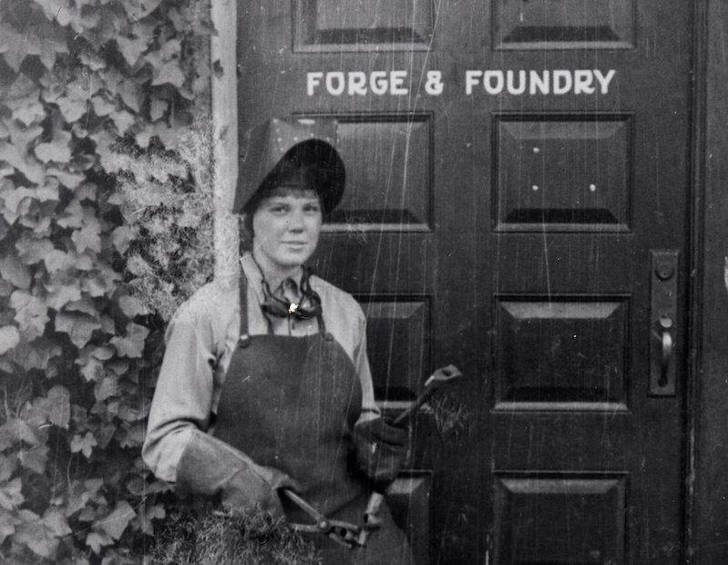 Bea Vogel forging her own pitons at the Stanford Engineering Lab in 1952. [Photo] Bea Vogel collection