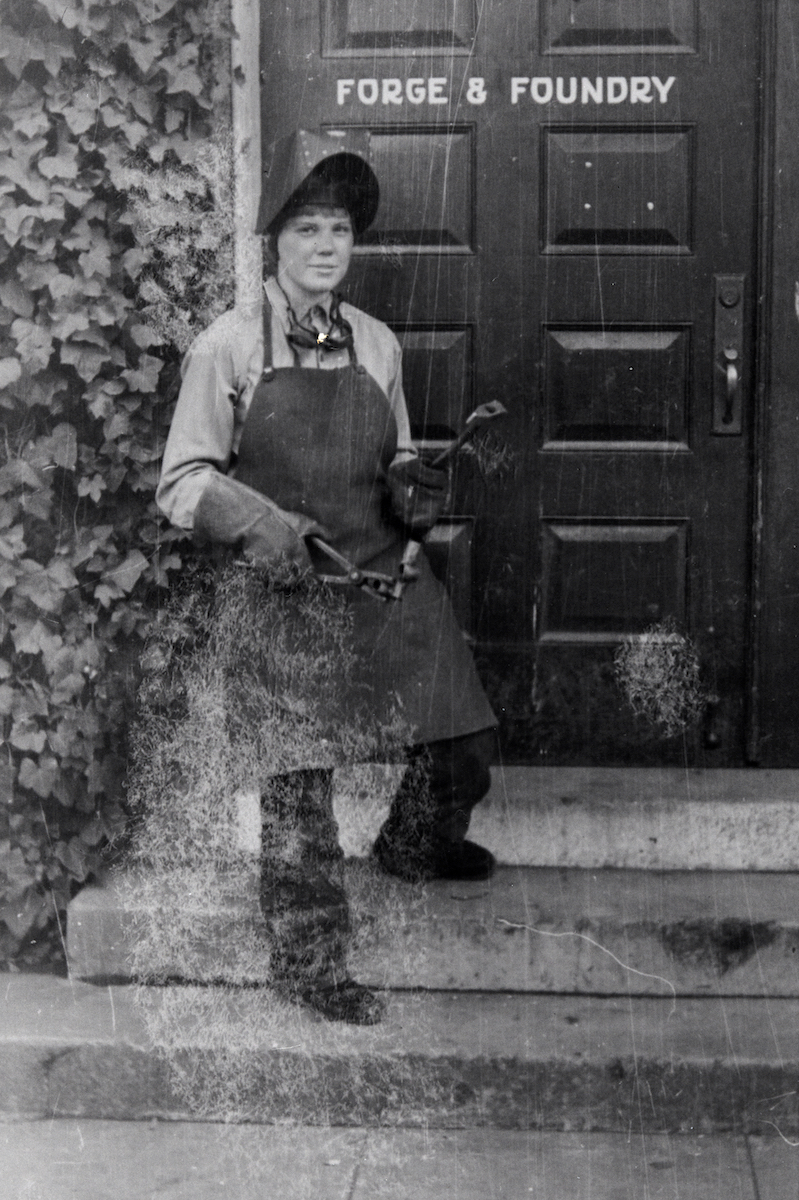 Bea Vogel forging her own pitons at the Stanford Engineering Lab in 1952. [Photo] Bea Vogel collection