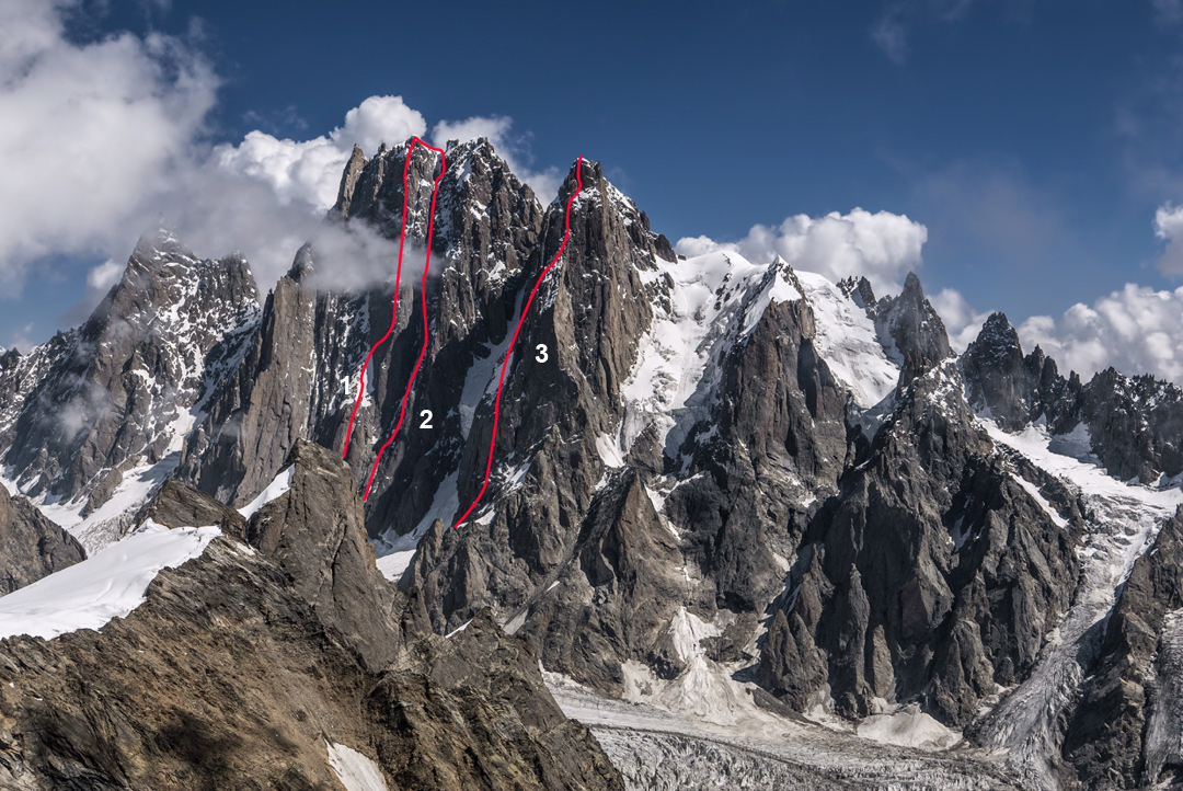 The Arjuna Group seen from the southwest. (1) Polish route (Barszczewski-Dasal-Skierski, 1983) up the central pillar of the west face. (2) All or Nothing (Cesen-Novak-Prezelj, 2017). Both the 1983 and 2017 routes lead to the main summit. (3) The west face of the south summit (Bender-Piasecki, 1983). This summit was first climbed by Poles in 1981 (Bartos-Otreba-Puzyrewski) up the broad couloir to the right of the west face and then the southeast ridge (approximately the right skyline) to the summit. [Photo] Marko Prezelj
