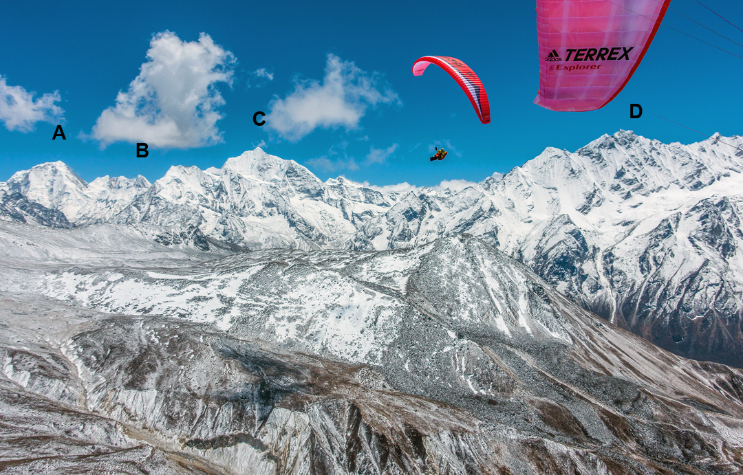 Above the Langtang Valley, with peaks of the Jugal Himal in the distance. (A) Dorje Lakpa (6966m). (B) Peak 6563m. (C) Gangchempo (6387m). (D) Ponggen Dokpu ridge (5930m). [Photo] Dusserre/Girard Collection