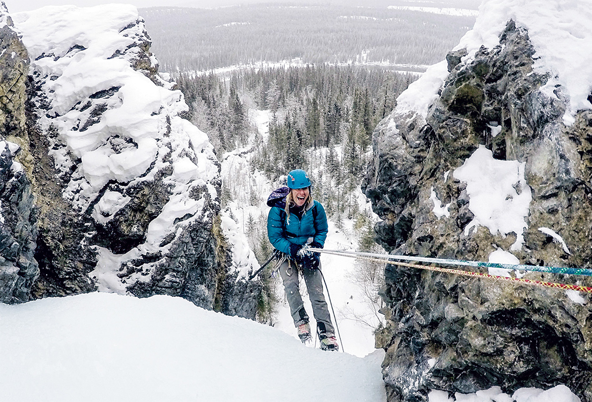 Smith rappels off Professor Falls (III WI4), Banff, January 2016. [Photo] Alison Criscitiello