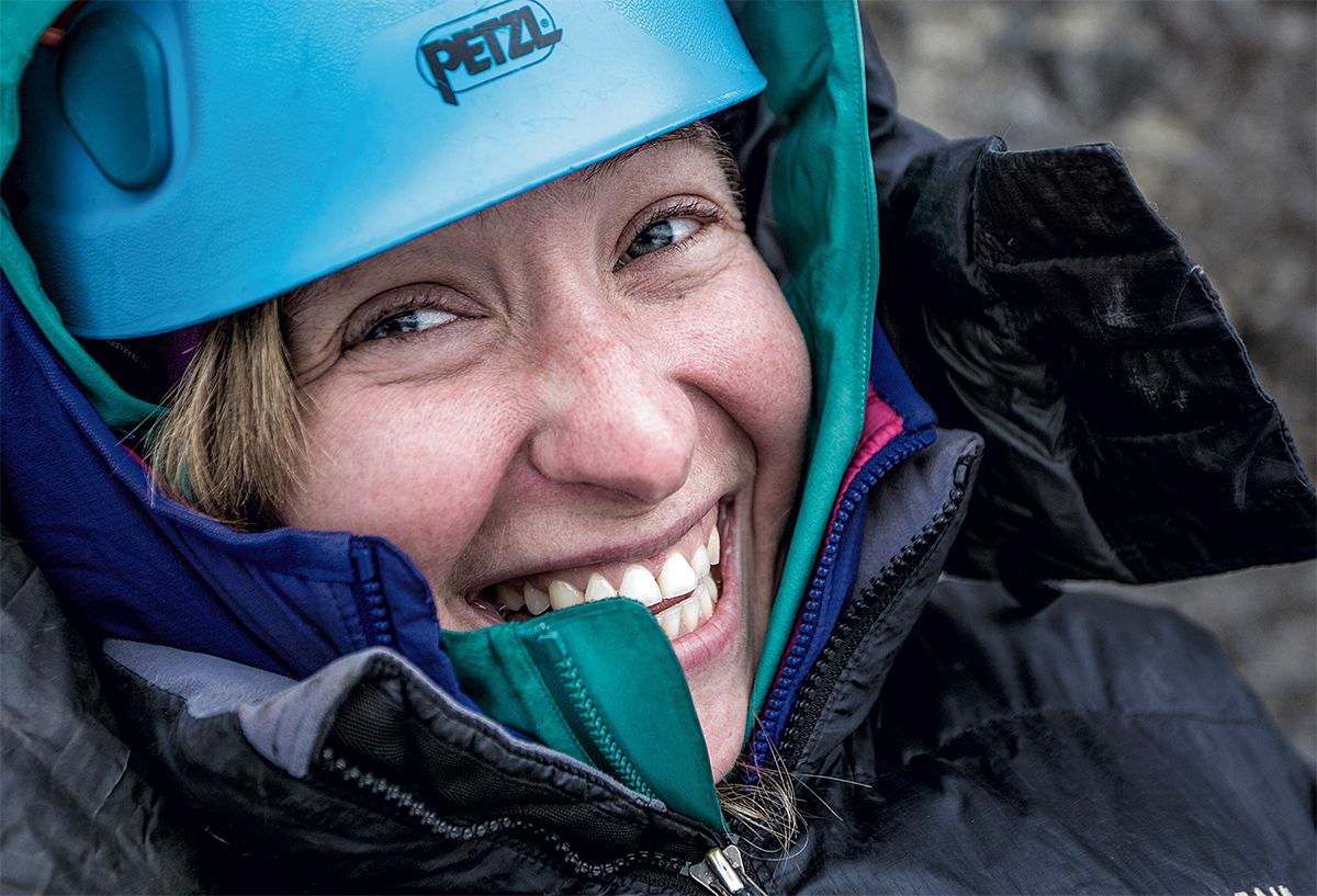 Anna Smith at the belay on Cyber Pasty Memorial (WI5+ M7+), Icefields Parkway, Alberta. [Photo] John Price