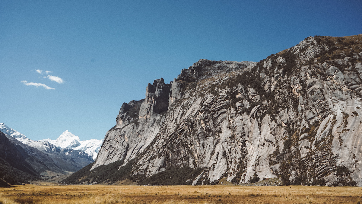 A photo of the Rurec Valley, with Chaupi Huanca seen left of center, with the prominent headwall tower. You can see that Chaupi Huanca has two summits; the closer, lower one is where all the previous routes on Chaupi Huanca were climbed. Big Fighter tops out, instead, on the back one, which is higher. [Photo] Alex Gonzalez-Jaume Peiro collection