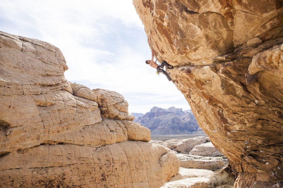 Derek Franz wears the Black Diamond Vision Harness on Keep Your Powder Dry (5.12b), the Trophy, Red Rocks, Las Vegas. [Photo] Elizabeth Riley