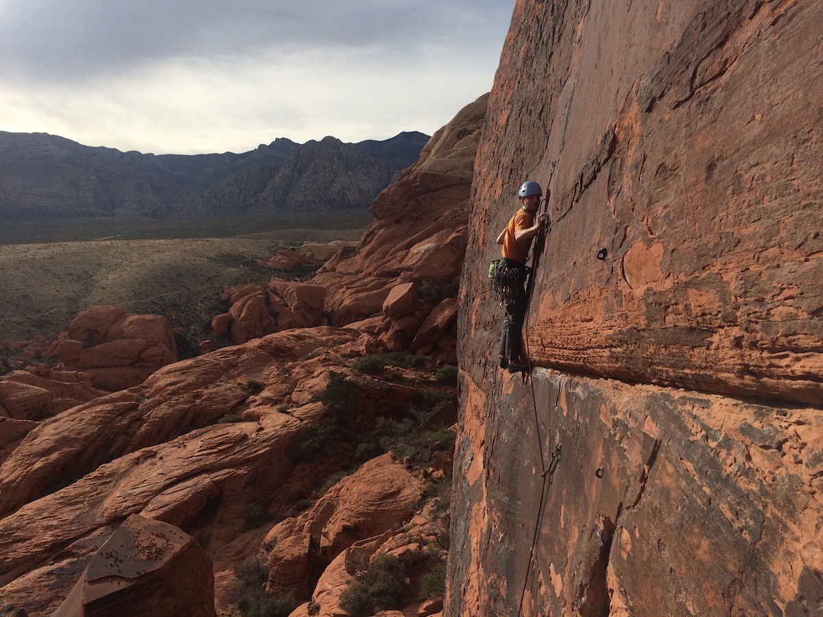 Franz steps to the starting blocks of Running Man (5.11c), Red Rocks, Las Vegas. [Photo] Elizabeth Riley
