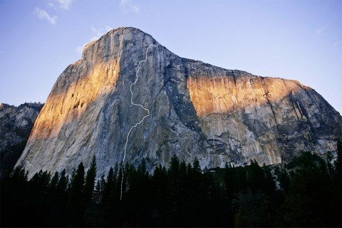 The free-climbing route of the Dawn Wall on El Capitan, which Caldwell and Kevin Jorgeson sent over a 19-day push from the ground in 2015. [Photo] Nate Ptacek