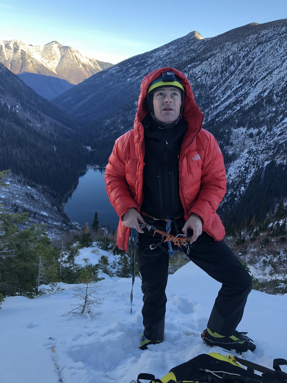 Jess Roskelley during the first ascent of Canmore Wedding Party (AI5 M7, 2,625') in Montana’s Cabinet Mountains, November 2018. [Photo] Scott Coldiron