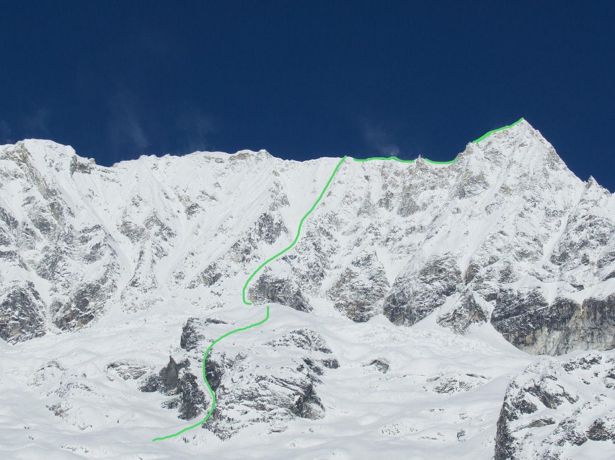 Seto Hi'um (TD: M4 WI4 1150m) on the south face of Chhopa Bamare (6109m) as seen from base camp. [Photo] Benjamin Billet
