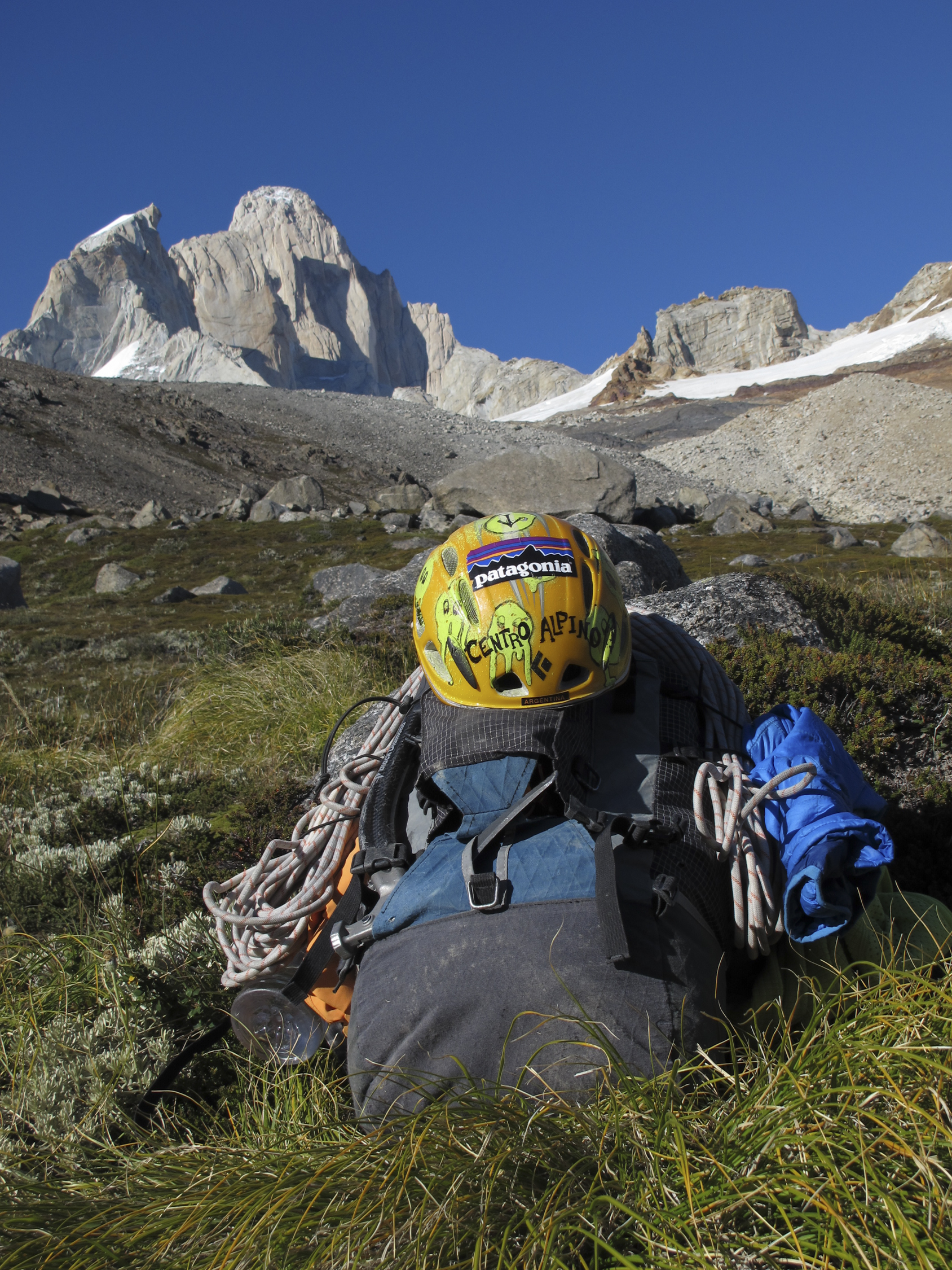 The author said that the CiloGear 30:30 backpack is basically an improved version of the CiloGear 45-liter pack pictured here in Patagonia in 2012, loaded with enough gear to go alpine style on Mate, Porro y Todo lo Demas (6c [5.11b], 900m) on the North Pillar of Fitz Roy (3375m), which looms in the background. Huckaby writes, Troutman aka 'Coleman Blakeslee' and myself climbed up the North Pillar to the summit and descended down the Franco-Argentine route on the other side of Fitz. [Photo] Josh Huckaby
