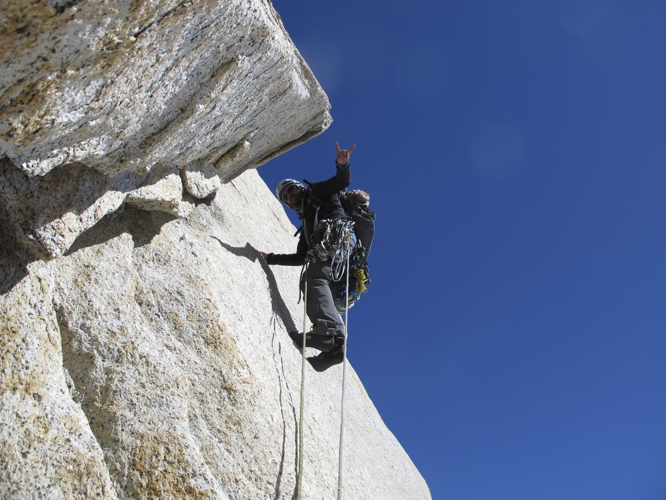 Troutman aka Coleman Blakeslee climbing fast and light on Mate, Porro y Todo lo Demas (6c [5.11b], 900m) on the North Pillar on Fitz Roy (3375m) in 2012. [Photo] Josh Huckaby