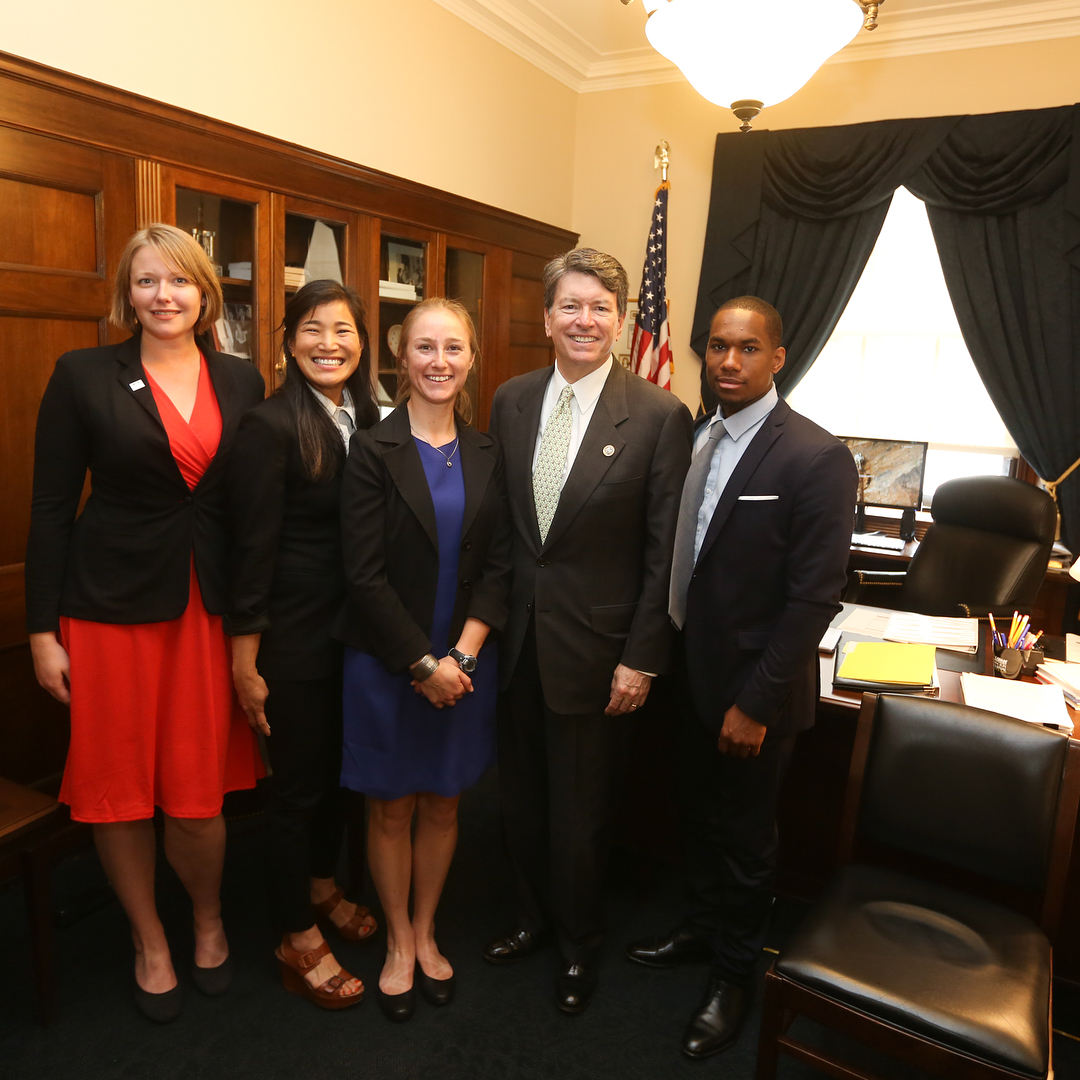 From left to right are Anneliese Steel (Access Fund), Shelma Jun (Flash Foxy), Anna Kramer (American Alpine Club), Representative John Faso (R-NY) and Mikhail Martin (Brothers of Climbing). Faso's district includes the world-famous Shawangunks climbing area. [Photo] Stephen Gosling