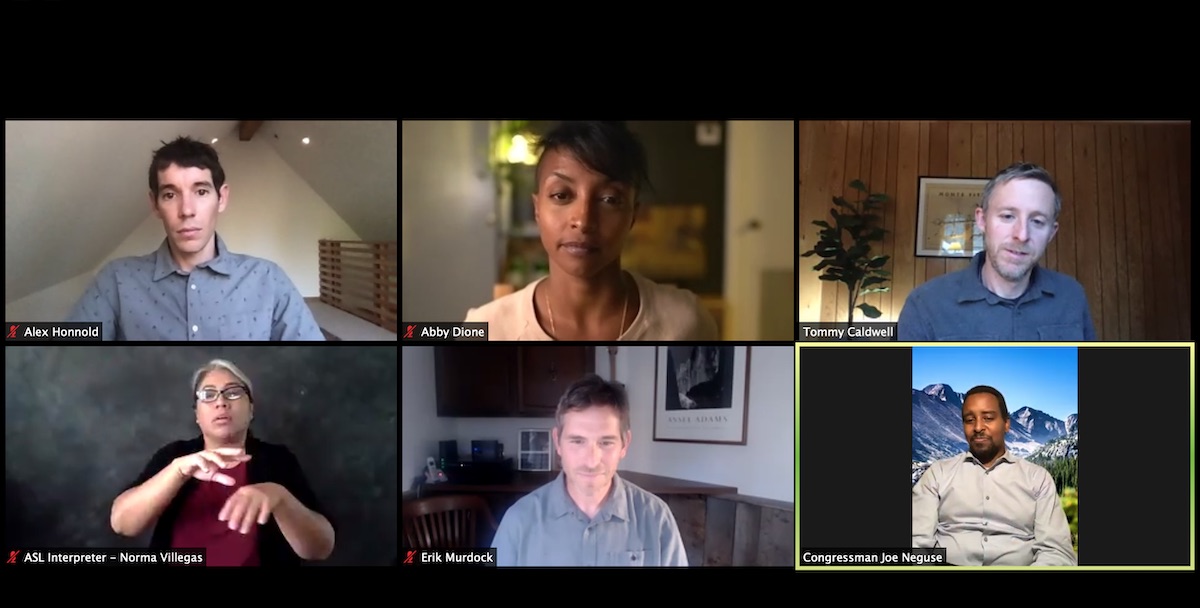 A screenshot of the Climb the Hill panel that took place on Zoom, Wednesday, September 23. The discussion focused on public lands and the environment. Normally, Climb the Hill is an in-person event that takes place annually in Washington, DC. This year was a virtual gathering because of the COVID-19 pandemic. Clockwise, from top left to right, are professional climber Alex Honnold, gym owner Abby Dione, pro climber Tommy Caldwell, Congressman Joe Neguse, Access Fund Policy Director Erik Murdock, and American Sign Language interpreter Norma Villegas. [Photo] Derek Franz