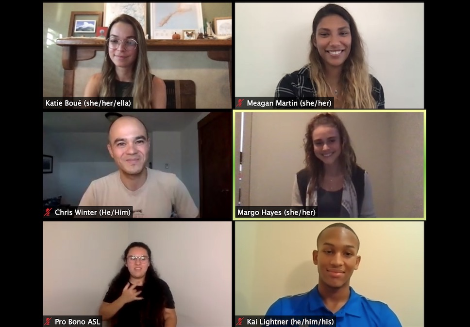 A screenshot of the Climb the Hill panel that took place on Zoom, Thursday, September 24, discussing topics of diversity, equity and inclusion (DEI). Clockwise, from top left to right, are moderator Katie Boue, professional climbers Meagan Martin, Margo Hayes and Kai Lightner, an American Sign Language interpreter, and Access Fund Executive Director Chris Winter. [Photo] Derek Franz