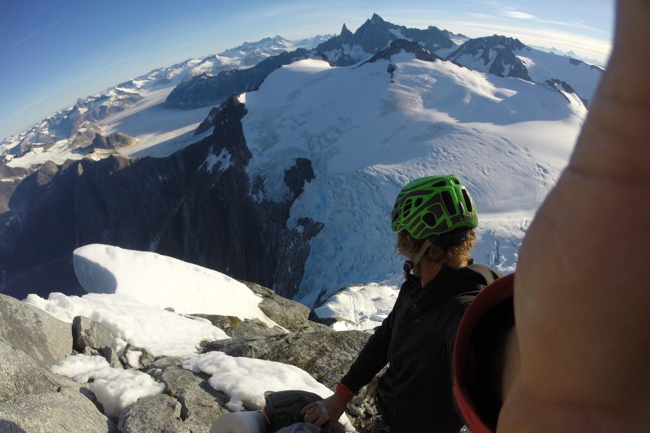 On the North Pillar of Devils Thumb (Taalkhunaxhkʼu Shaa). [Photo] Cole Taylor