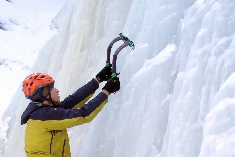 Tim Farr using the DMM Apex tools on Jeff's Slide (WI3-) in Smugglers Notch, Vermont. [Photo] Andrea Charest