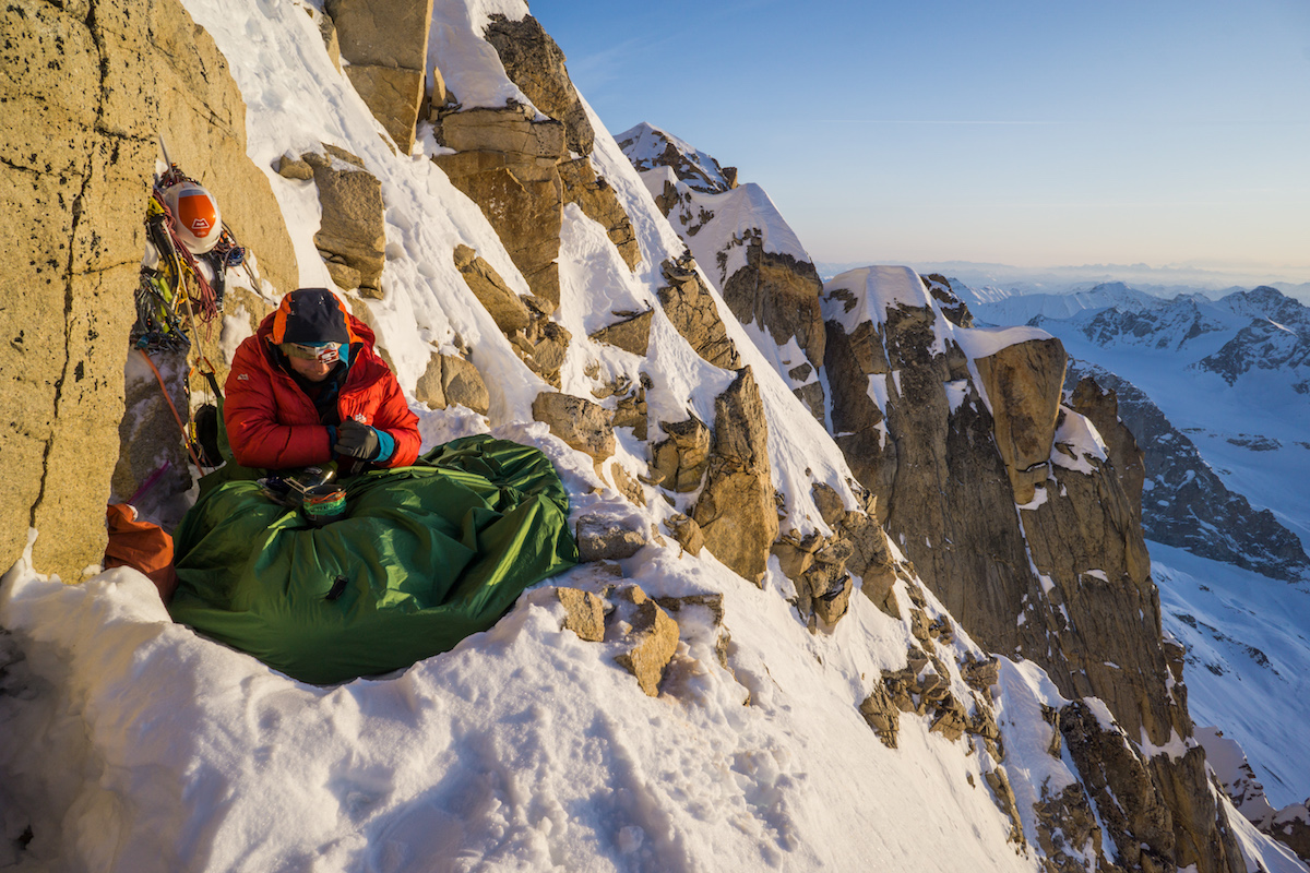 Hawthorn at the bivy ledge on Fun or Fear. [Photo] Tom Livingstone
