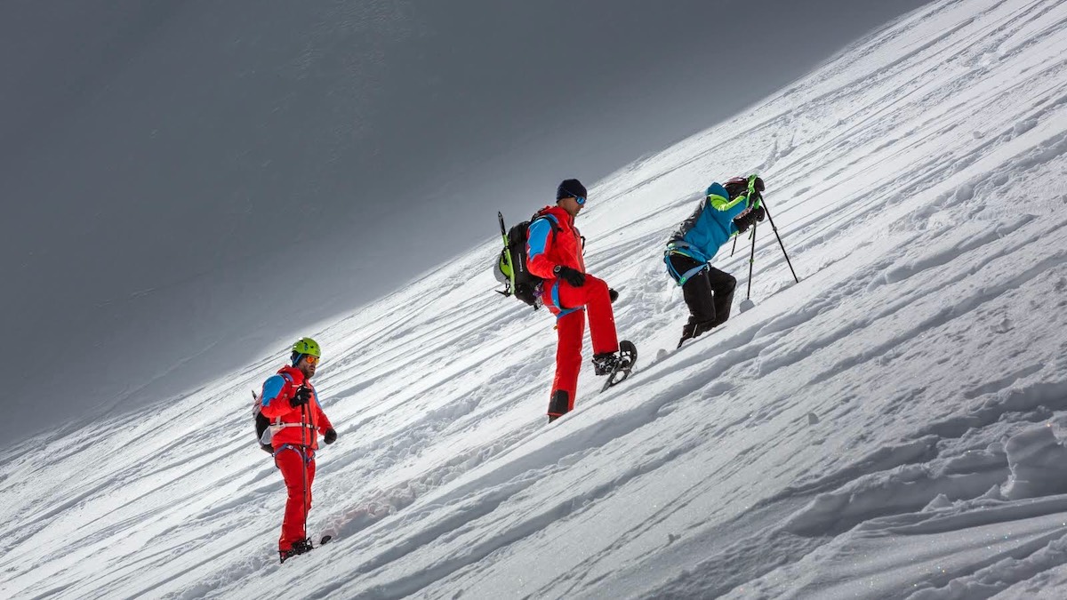 Felipe labors up fresh snow on the Marmolada with Nardelotto and McCardell. [Photo] Stefano Fabris
